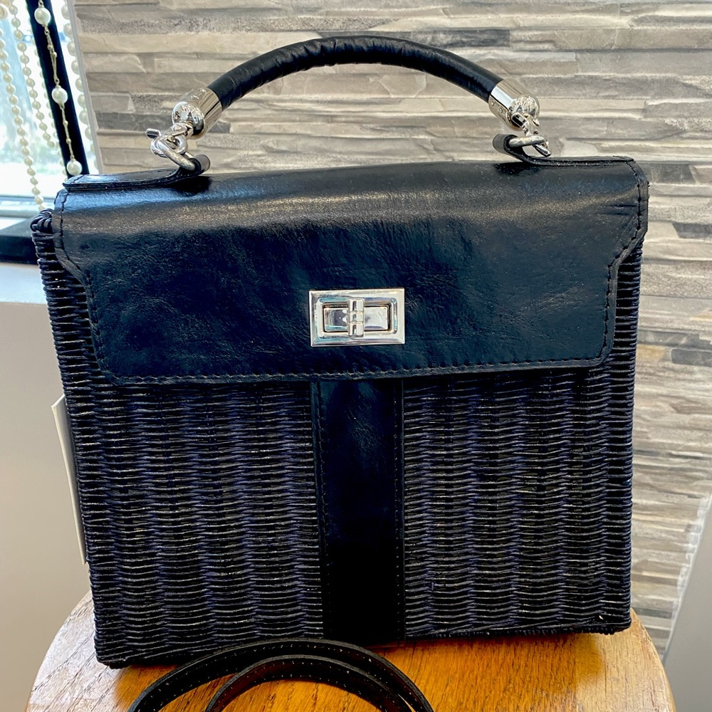 Summer solid Black straw satchel bag